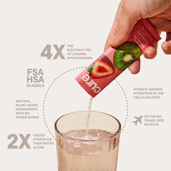 Cure Hydration | Plant-Based Electrolyte Drink Mix | No Added Sugar | Dehydration Relief Powder Made with Coconut Water | Non-GMO | Vegan | 28 Servings Jar - Strawberry Kiwi