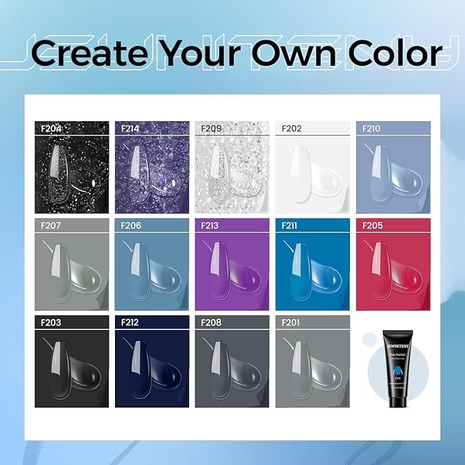 JEWHITENY Poly Nail Gel Kit 14 Colors Purple Nude Grey Black Blue Glitter Tones Starter Kit with UV Lamp Matte & Glossy Top & Base Coat All-in-One Designs DIY At Home