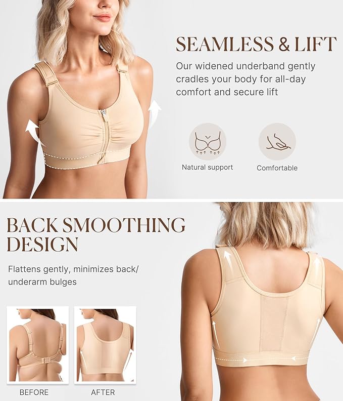 BRABIC Zip Front Closure Everyday Bra for Women Post Surgery Compression Support with Adjustable Straps Wirefree