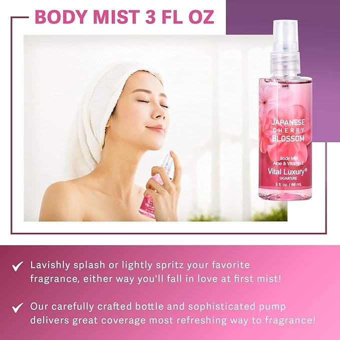 Bath & Body Kit Japanese Cherry Blossom, 3 Fl Oz, Ideal Skincare Gift, Home Spa Set, Includes Body Lotion, Shower Gel and Fragrance Mist, Perfect for Christmas Gifts and Festive Pampering