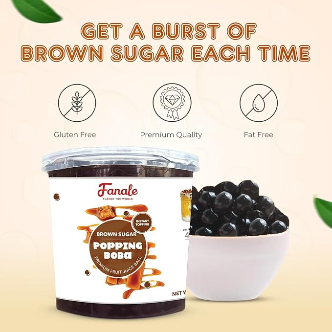 Fanale Brown Sugar Popping Boba Pearls, Vegan, Non GMO, Gluten Free, Fat Free, Perfect for Bubble Tea, Smoothies, Ice Cream, Desserts, and Beverages.
