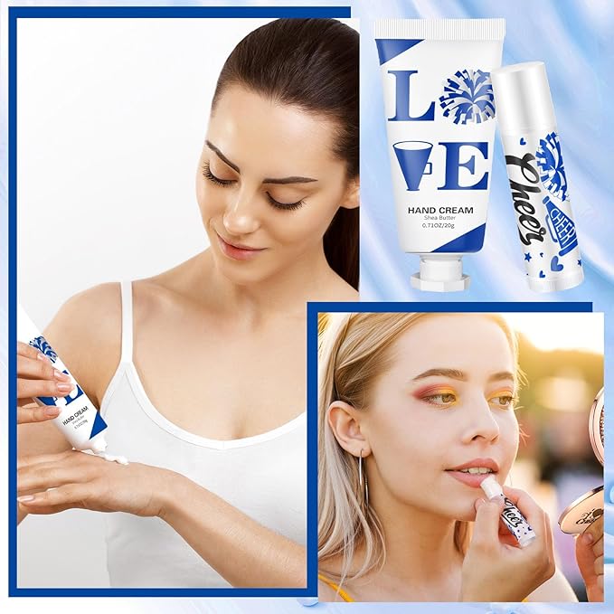 144 Pcs Blue Cheer Favors Natural Bulk Lip Balm and Hand Cream Set, Include 36 Lip Balm 36 Moisturizing Hand Cream 36 Bags 36 Card and Rope cheer accessories for Team Sports Party Supplies