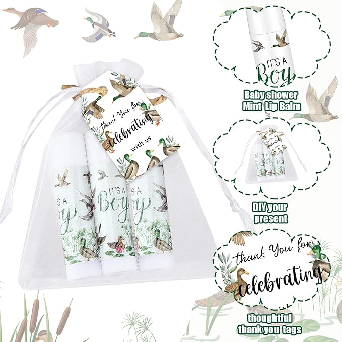 Demissle 50 Pcs Baby Shower Lip Balm Gift Set with 100 Pcs Organza Bags Baby Shower Party Favor for Guest Thank You Tag Rope Baby Shower Party Decoration Gender Reveal Souvenirs (Mallard)