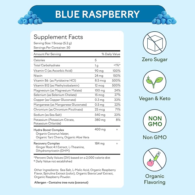 Feel Goods Hydration Hero, 1,000mg Electrolytes Powder, Sugar Free, Magnesium, Organic Aloe Vera, L Theanine, Vitamin C, B12, Keto, Vegan, Plant Based, Blue Raspberry, 30 Servings