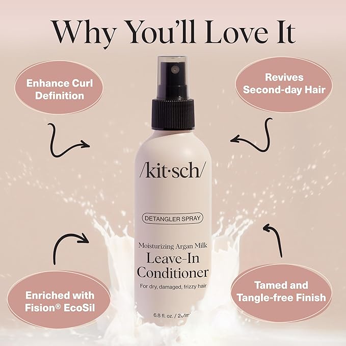 Kitsch Argan Milk Leave In Conditioner Spray – Lightweight Moisturizing Hair Spray for Women and Men - Hair Detangler Spray for Curly, Wavy, Fine, Dry & Damaged Hair - Silicone-Free - 6.8oz