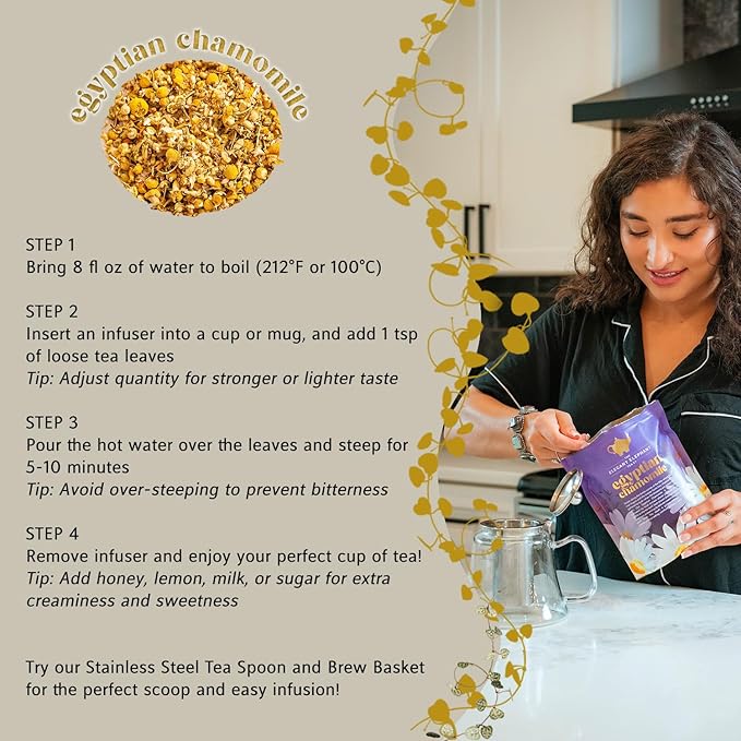 Egyptian Chamomile Tea, Organic Loose Leaf Herbal Tea – Cozy, Calming – Supports Stress Relief, Relaxation & Sleep – 4 oz Resealable Bag (Makes 50 Cups) – The Elegant Elephant