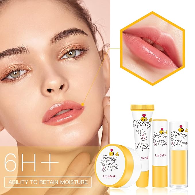 4 Piece Honey Milk Lip Mask Lip Balm Lip Scrub Lip Oil Lip Care Kit, Moisturizing & Nourishing Dry and Cracked Lips, Overnight Sleeping Lip Exfoliator Lip Moisturizer Lip Repair