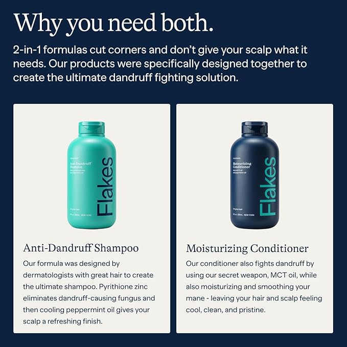 Flakes Anti Dandruff Shampoo and Conditioner Set for Men with Scalp Massager | Dry, Flaky, & Itchy Scalp Shampoo | Sulfate and Paraben Free | Hydrating Shampoo & Moisturizing Conditioner | 9 fl oz
