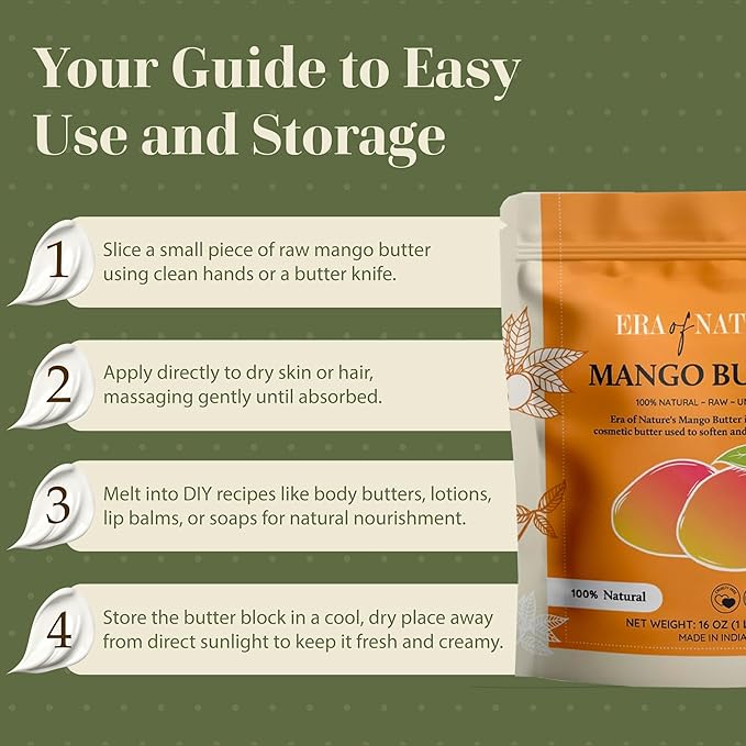 era of nature Organic Unrefined Raw Mango Body Butter Block 16oz - Moisturizing Mango Seed Raw Butter Bar for Skin & Hair, DIY Lip Balm Base, Cream, Soap & Lotion Making Supplies, Personal Skincare