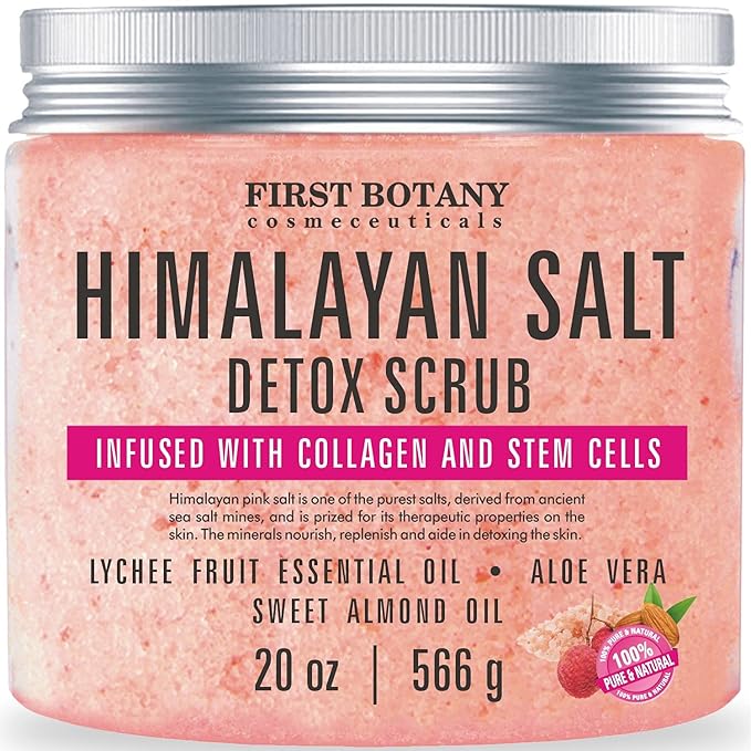 First Botany Himalayan Salt Body Scrub with Collagen & Stem Cells, Natural Exfoliating Salt Scrub Body & Face Souffle (20 oz)