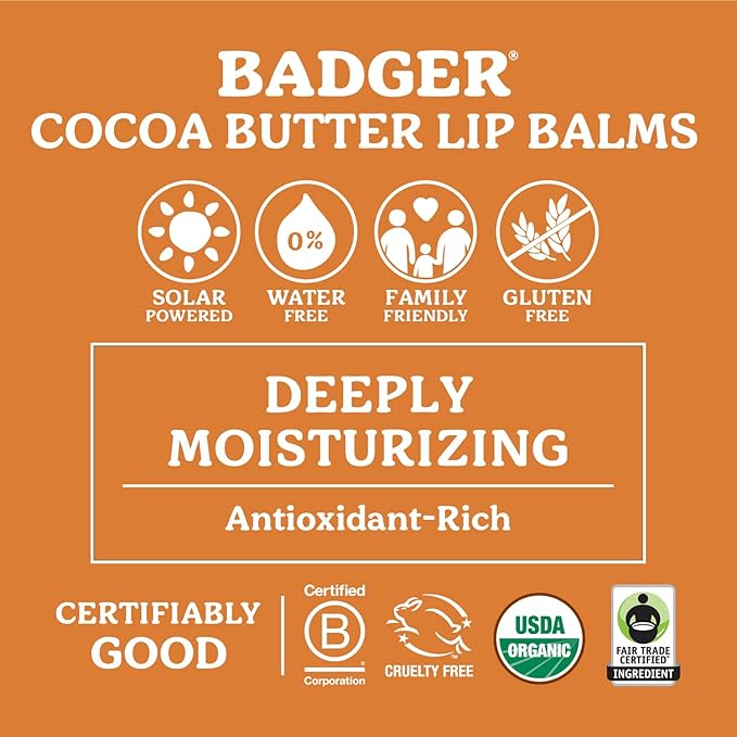 Badger Vanilla Bean Cocoa Butter Lip Balm, Long Lasting Hydrating Lip Care, 100% Organic Lip Balm, Large Size Stick, 4-pack