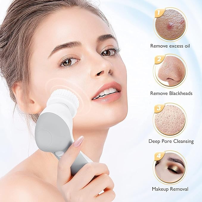 COSLUS Facial Cleansing Brush Silicone Face Scrubber: 7 in 1 FBS-D Electric Exfoliating Rotating Massage Device Waterproof Deep Cleaning Exfoliation Spa Machine - Electronic Skin Care Wash System