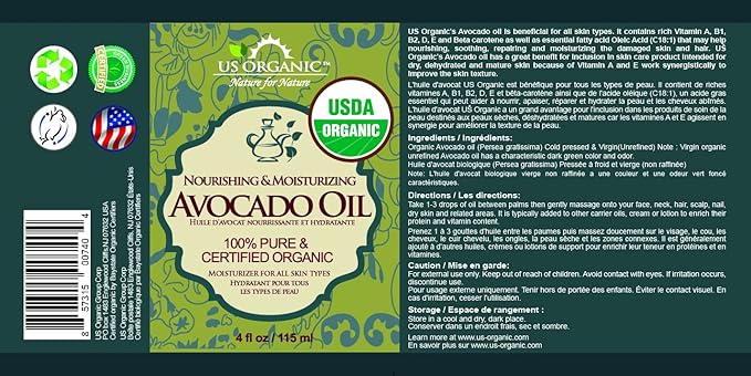 US Organic Avocado Oil Unrefined Virgin, USDA Certified Organic, 100% Pure & Natural, Cold Pressed, in Amber Glass Bottle w/Glass Eye dropper for Easy Application (4 oz (Large))