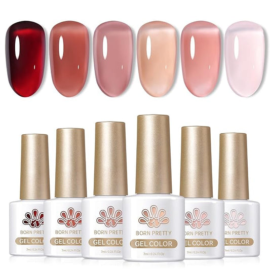 Born Pretty Jelly Burgundy Gel Nail Polish Blood Wine Red Nude Pink Gel Polish Sheer Transparent Halloween Gel Polish Kit Wild Rose for Salon Manicure and Nail Art DIY at Home 6Colors