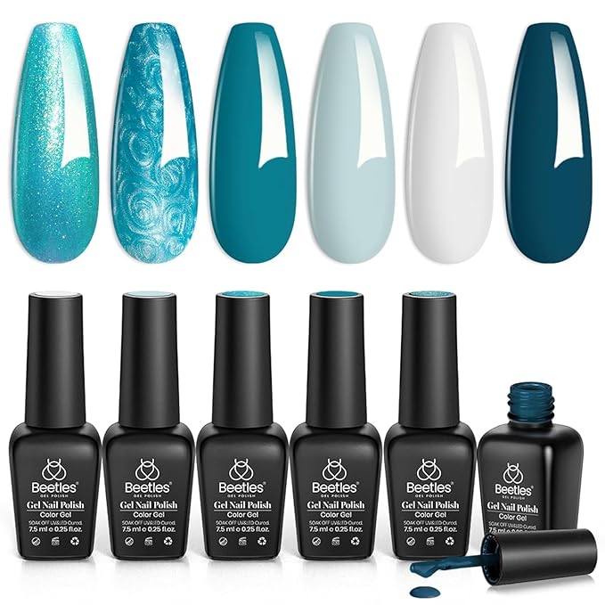 Beetles Blue Gel Nail Polish Set, 6 Colors Glitter Pearl Gel Polish Mermaid Treasures Nail Art Design Soak off Uv Led Nail Lamp