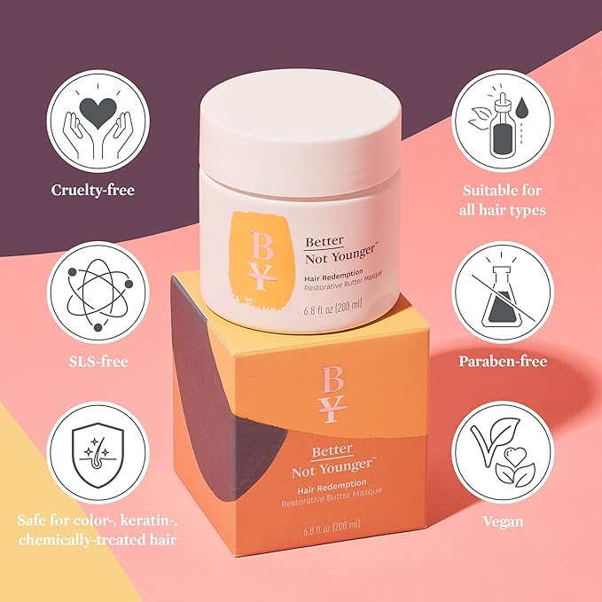 Better Not Younger Restorative Butter Hair Masque 6.8 fl oz - Hair Repair Mask with Plant-Based Butters, Biotin, Argan & Caffeine for Women Over 40 - Restores Moisture, Adds Volume & Boosts Shine