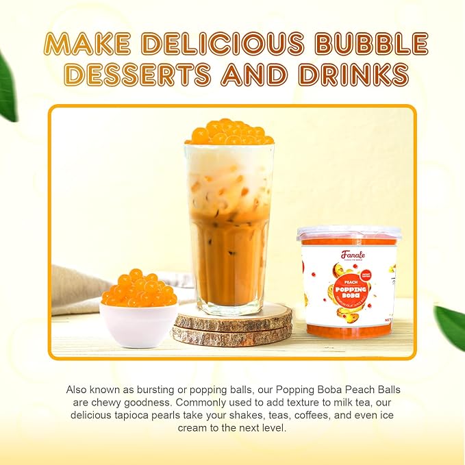 Fanale Peach Popping Boba Pearls, Vegan, Non GMO, Gluten Free, Fat Free, Perfect for Bubble Tea, Smoothies, Ice Cream, Desserts, and Beverages.