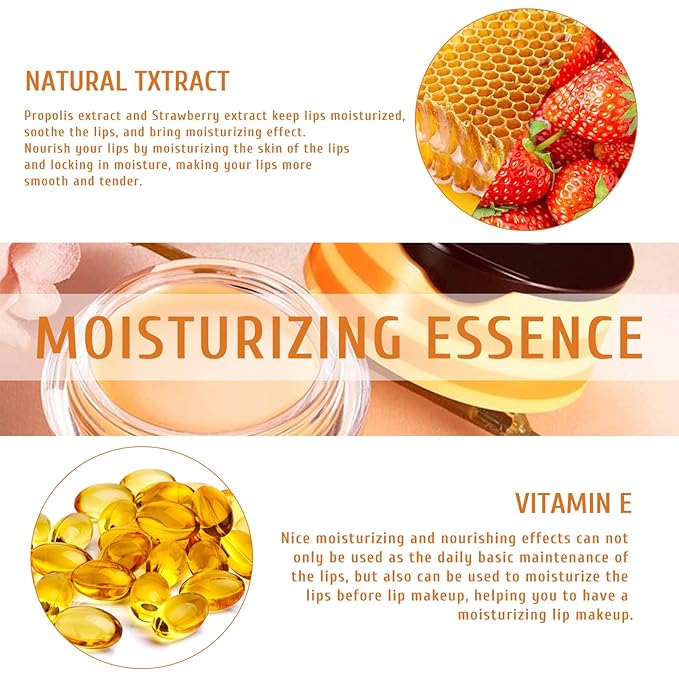 4Pcs Honey Strawberry Lip Balm Honey Pot, Strawberry Lip Sleeping Mask, Overnight Lip Sleeping Mask, Honey Balm Lip Balm Pot, Honey Lip Mask Nourish Lip Scrubs Exfoliator Honey/Strawberry