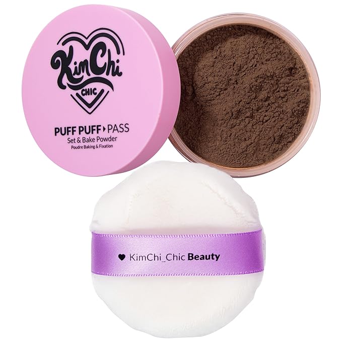Kimchi Chic Beauty Puff Puff Pass Set and Bake Powder, Loose Face Powder with Extra Fluffy Setting Powder Puff, Soft Brown Face Makeup for Uneven Skin Tone, 08 Chocolate