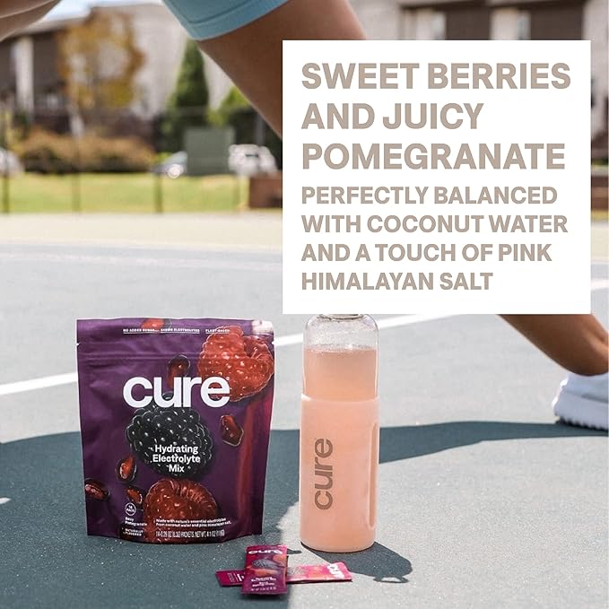 Cure Hydration | Plant-Based Electrolyte Drink Mix | No Added Sugar | Dehydration Relief Powder Made with Coconut Water | Non-GMO | Vegan | 28 Servings Jar - Berry Pomegranate