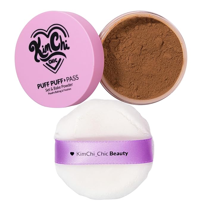 Kimchi Chic Beauty Puff Puff Pass Set and Bake Powder, Loose Face Powder with Extra Fluffy Setting Powder Puff, Soft Brown Face Makeup for Uneven Skin Tone, 06 Almond