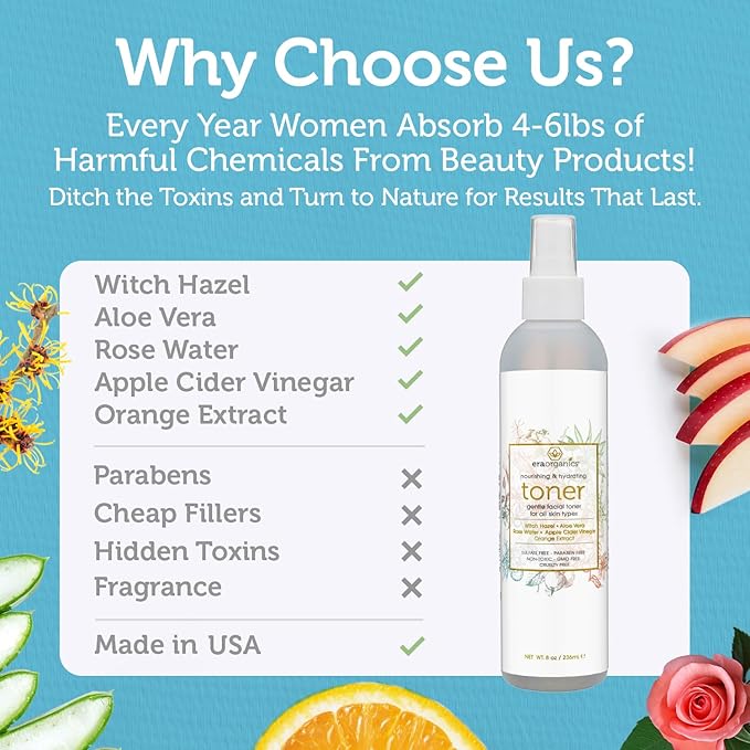 Era Organics Hydrating Toner for Face - Refreshing and Balancing Anti Aging Facial Mist with Rose Water, Apple Cider Vinegar, Witch Hazel