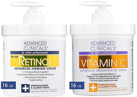 Advanced Clinicals Retinol Body Lotion + Brightening Vitamin C Cream 2pc Skin Care Set | Skin Tightening Body Moisturizer & Face Lotion | Crepey Skin Care Treatment | Skin Care Products, 2pc Set