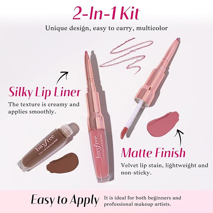 2 PCS Lip Liner and Lip Stain Combo Set, High Pigmented Long Lasting Velvet Lip Tint, Well-Defined Lipliner, Weightless Waterproof Not Animal Tested, Matte Finish Makeup