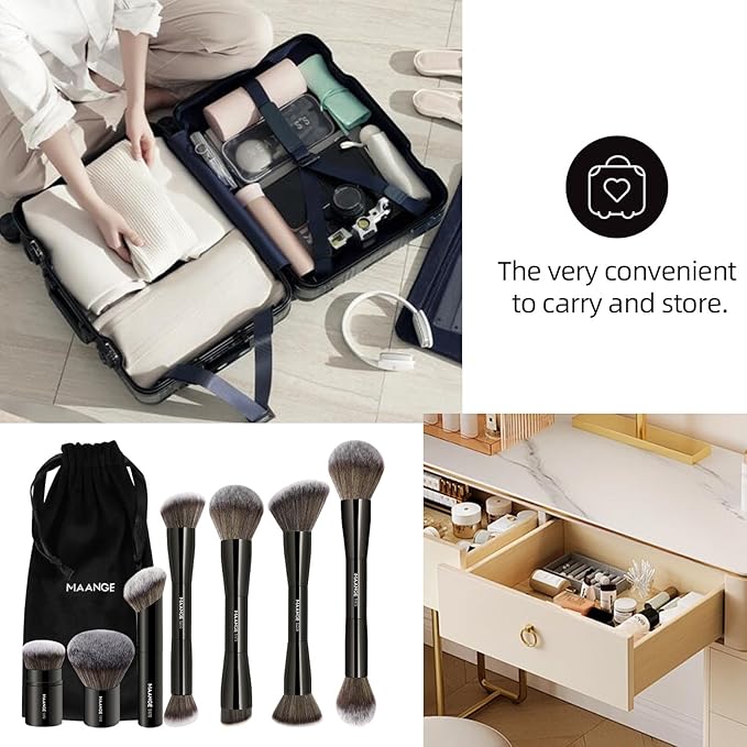 MAANGE 7pcs Makeup Brush Set Double Sided Kabuki Makeup Brushes Contour Brush for Foundation Liquid Powder Concealer Cream Cosmetics Bronzer Blending Blush Buffing Makeup Tools (Black)