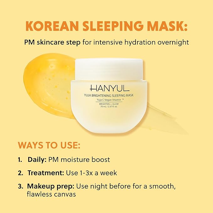 Hanyul Yuja Sleeping Mask | Korean Yuzu Night Cream, Vitamin C for Glow, Radiance, Brightening, Vegan Hydrating Overnight Moisturizer with Hyaluronic Acid, Niacinamide & Antioxidants 2.37 fl. oz.