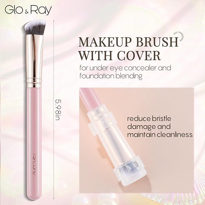 GLO&RAY Angled Concealer Brush with Cap – Flat Top Synthetic Makeup Brush for Under Eye, Spot Coverage, Travel Size Concealer Blending Tool for Liquid & Cream Application (Pink)