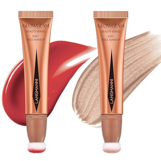 LANGMANNI Liquid Contour Beauty Wand, Face Concealer Contouring,Highlighter,Blusher Stick with Big Cushion Applicator.Cream Contour Stick For Finish Face Contour Makeup. (#04 Blush+#05 Highlighter)