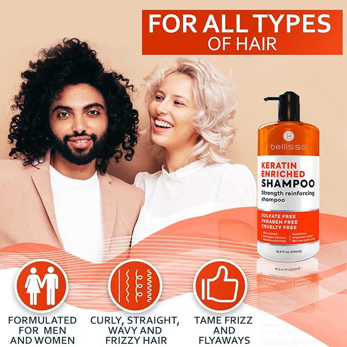 Keratin Enriched Shampoo - Sulfate and Paraben Free - Anti Frizz Treatment for Women and Men – Professional Salon Grade Repair Formula with Silk Protein for Dry, Frizzy Damaged and Color Treated Hair
