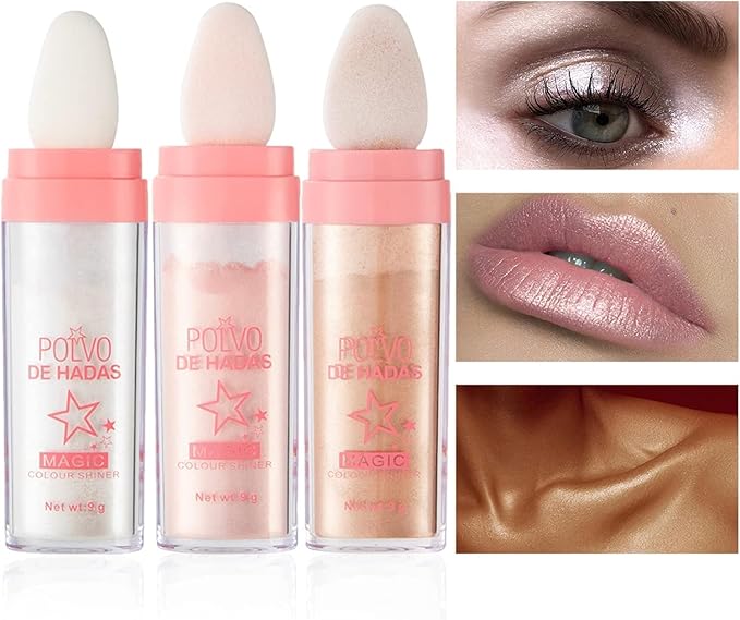3 Color Polvo De Hadas, Body Glitter Highlighter Powder Fairy Stick for Makeup Shimmer and Shine High Gloss Blush Contour Powder Makeup - Sparkle Patting for Hair Face Eyes Body