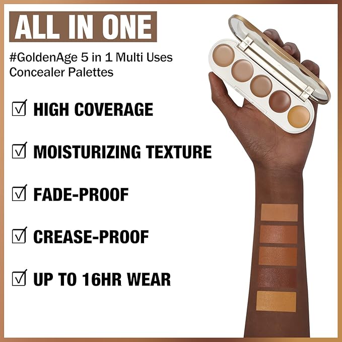 FOCALLURE #GoldenAge 5 in 1 Multi Uses Concealer Palette, 5 Colors Correcting Conceal Palette, Camouflage Contour Palettes for Dark Circles, Face Contouring Highlighter Pallet, BR01 DEEP