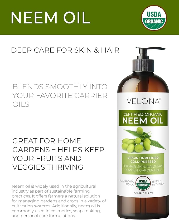velona Neem Oil USDA Certified Organic - 16 Fl Oz | 100% Pure and Natural Carrier Oil | Virgin, Unrefined, Cold Pressed | Hair, Body and Skin Care | Use Today - Enjoy Results