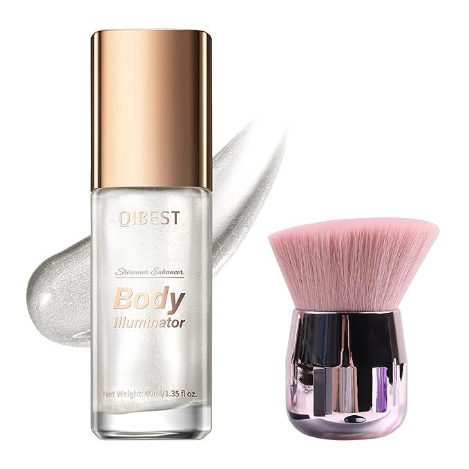 40ml Body Shimmer Oil,Face and Body Liquid Luminizer,Smooth Body Shimmer Oil For Sunshine Bath, Waterproof Moisturizing Light Shimmer Glow Illuminator,Liquid Highlighter Makeup,Makeup Brush Include (1#-Silver)