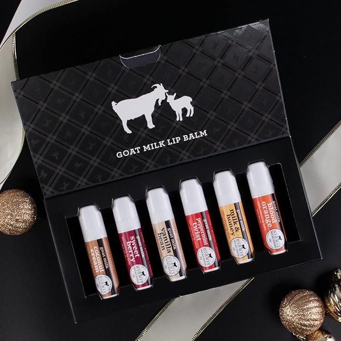 Dionis Goat Milk Lip Balm Deluxe Gift Box Set of 6 Vanilla, Coconut, Milk & Honey, Berry, Peppermint & Blood Orange Scented Chapstick - Shea Butter & Coconut Oil Gifts For Her, Protect & Restore Lips