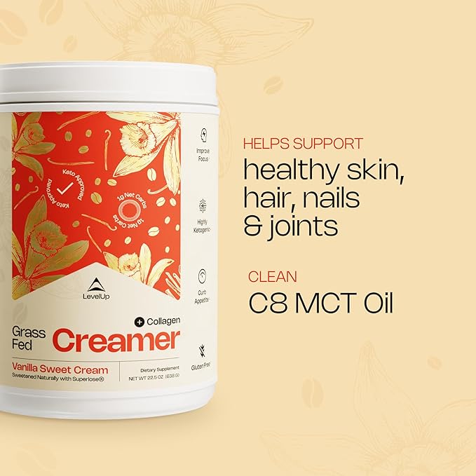 LevelUp Creamer, with Energizing MCT Oil and Collagen Peptides, Keto Coffee Creamer, Supports Natural Energy & Ketone Production - Vanilla Sweet Cream, 22.5 oz