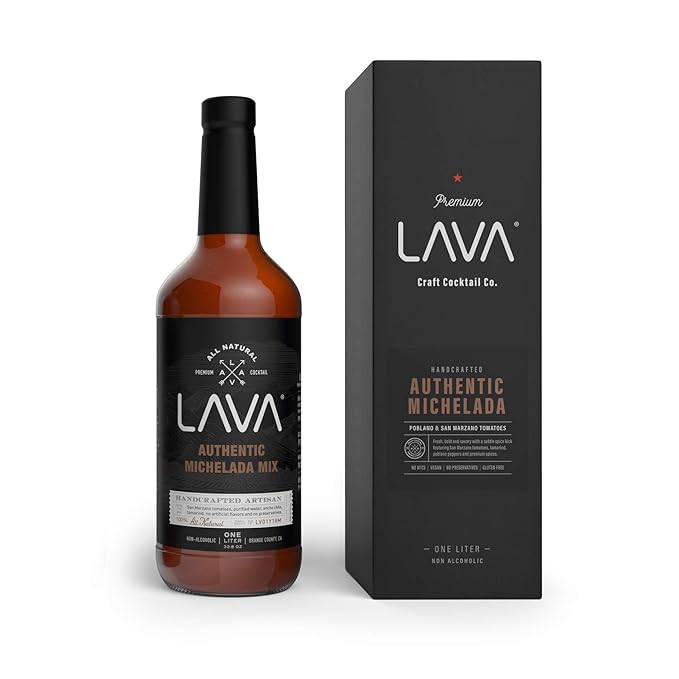 LAVA All Natural Authentic Michelada Mix Craft Cocktail Mixer, Made with Real Tomatoes, Ancho Chile Peppers, Tamarind, No Junk Ingredients, Vegan, 1-Liter (33.8oz) Glass Bottle, Ready to Use