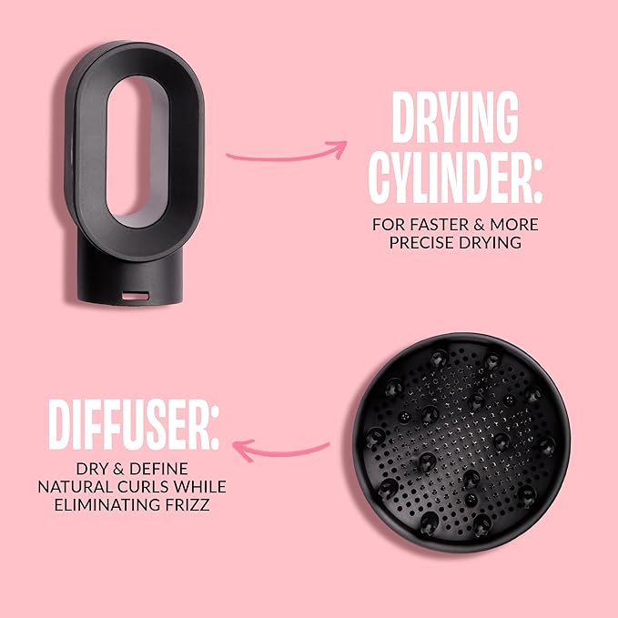 Foxybae Super Styler – 4-in-1 Blow Dryer Brush Set - Diffuser, Blowout Brush, 1.25” Curling Barrel & Drying Cylinder - Voluminous, Frizz-free Hair - Blow Dryer, Straightener & Curler [Black Rose-Gold]