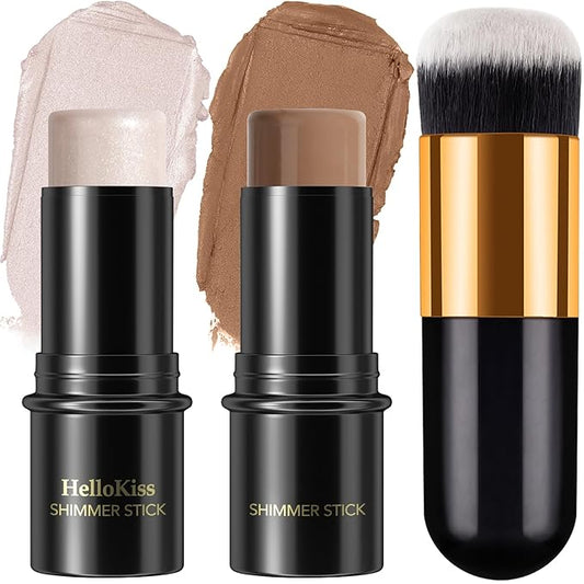 2Pcs Cream Contour Stick Makeup Kit, Cream Highlighter Stick and Bronzer Contour Stick with Longwear Waterproof Formula for Brightening and Trimming the Cheeks, Makeup Brush Include (#01, 10)