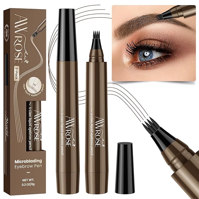 AWROSE Eyebrow Pencil, 2 Pack 3D Waterproof Microblading Eyebrow Pen 4 Fork Tip Tattoo Pencil, Precise Natural Magic Eye Brow Pen with Hair Like Strokes, 4 Points Multi-Used Eye Brow Pencils for Women