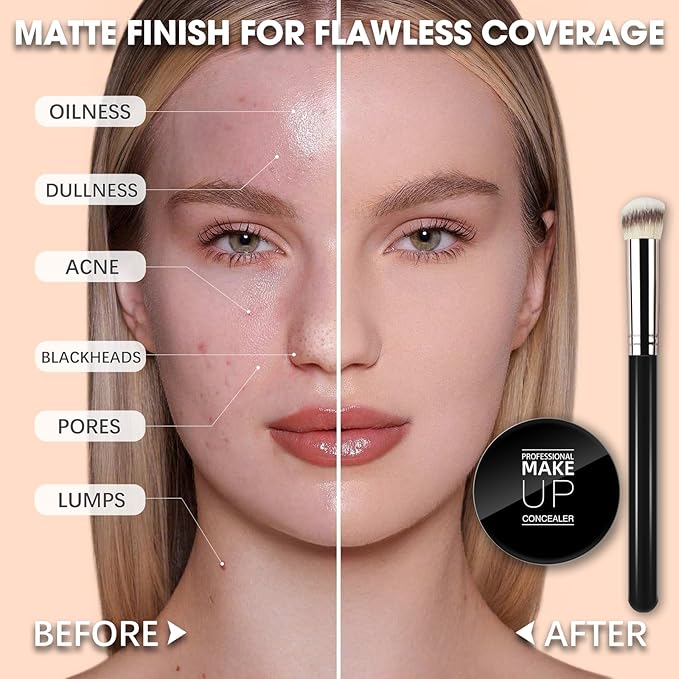 Cream Concealer Full Coverage Makeup, Matte Color Correcting Concealer with Brush, Waterproof, Conceals Blemish, Pores and Spots, Under Eye Makeup Concealer for Dark Circles (#01 IVORY WHITE)