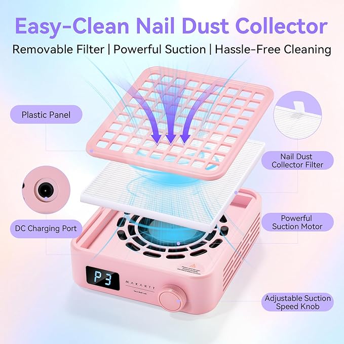 Makartt Professional Nail Dust Collector – Powerful Dust Collector Nail Tech Quite Suction Machine for Acrylic Nails Manicure & Pedicure Salon & Home Use Includes 10pcs Filters & Dust Brush Pink