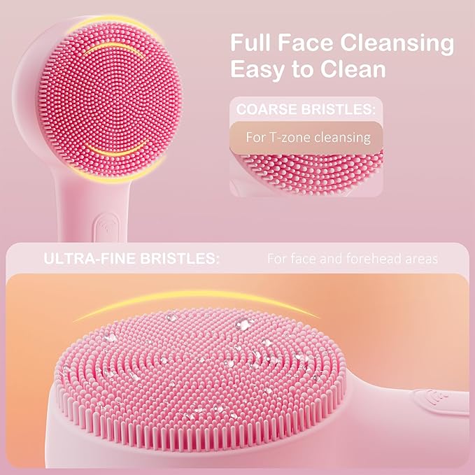 Facial Cleansing Brush Silicone Face Scrubber Waterproof Rechargeable Exfoliator Massage Device for Men & Women, Deep Pore Cleansing, Exfoliating, Removing Blackhead Electric Face Scrub Brush (Pink)
