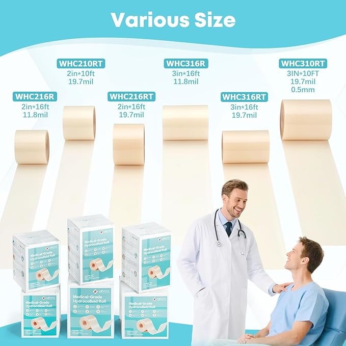 LIFARA Hydrocolloid Roll for Wound Care - Cut-to-Size, Extra Large Hydrocolloid Patch Bandages with Self-Adhesive, Ultra Absorbent, Flexible & Waterproof, First Aid Kit Essential (2in*16ft)