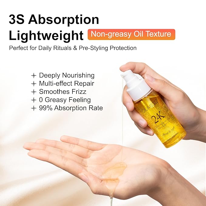 24K Gold Hair Oil, Repair Shine Serum with Coconut, Argan & Olive Oils - Heat Protectant and Frizz Control - Vegan, Lightweight Leave-In Treatment for Dry Damaged Hair (2.02 Fl Oz (Pack of 1))