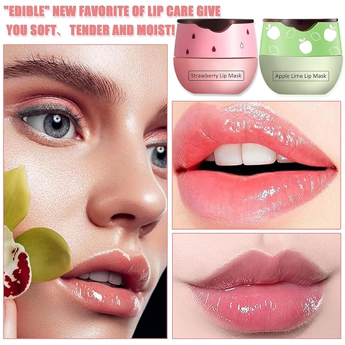 Bee Lip Balm Honey Pot,3 PCS Strawberry&Honey&Apple Lime Lip Sleeping Mask,Hydrating Prevention Dry and Cracked Lip Scrubs Exfoliator Lip Care,Moisturizing Lip Mask Overnight Reduces Lip Lines