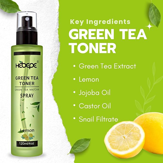 Green Tea Matcha Facial Toner Mist with Lemon, Refreshing, Moisturizing, and Soothing Face Toner, with Jojoba Oil, Castor Oil, Snail Filtrate,120ml